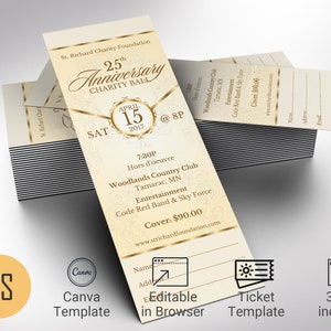 Creme Gold Jubiläum Gala Ticket Vorlage für Canva, Bankettkarte, Benefizveranstaltung, bearbeitbar druckbar, digitaler Download, 4 Größen