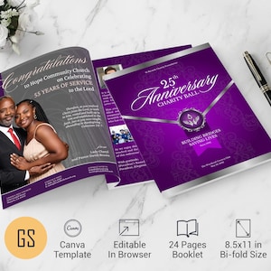 Church Anniversary Souvenir Book Template: 24 Page Purple and Silver Canva Program (Digital Download)