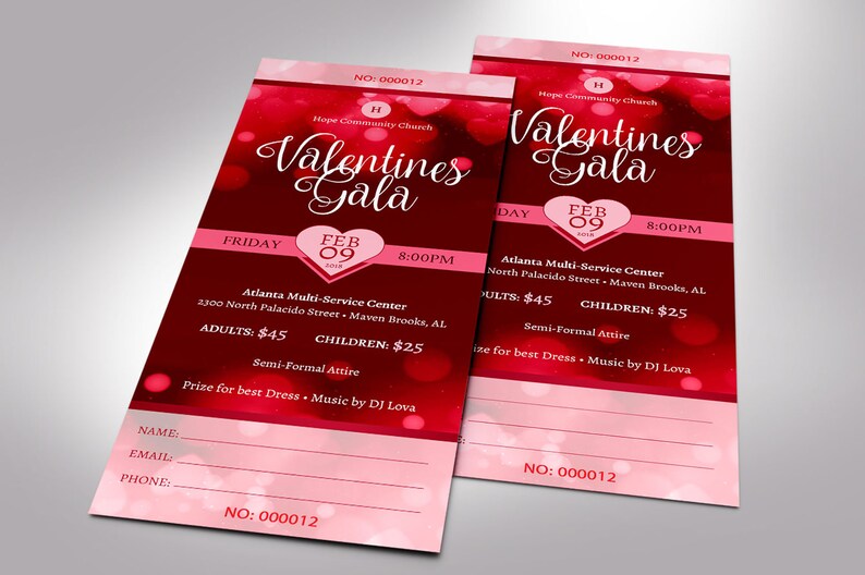 Red Hearts Valentines Day Gala Ticket Template for Templett dot com is size 3x7 inches. It features red heart background sprinkled with pink for Valentine's Day fundraising events. Perfect for churches and non-profit organizations.