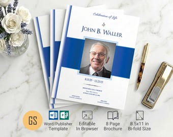 Blue and White Funeral Program Template | Word Publisher: 8 Page Bifold Obituary (8.5x11)