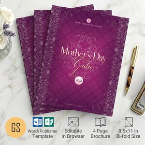 Mother's Day Gala Program Template | Word and Publisher: 4-Page Purple & Pink Bifold Brochure (8.5x11)