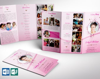 Tabloid Trifold Funeral Program Template - Pink Princess | Word Template, Publisher | Celebration of Life | 11x17 inches
