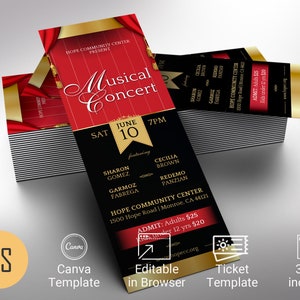Klassische Musikveranstaltungsticket-Vorlage für Canva, Rot Schwarz, Eintrag für Charity-Konzert-Spendenaktion, bearbeitbares druckbares DIY, digitaler Download