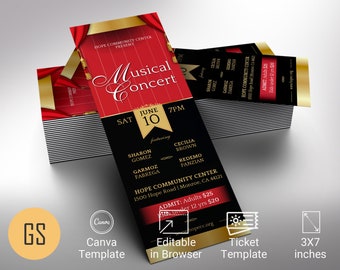 Red and Black Musical Event Ticket Template, Canva Template, Concert Ticket, Printable Ticket, Fundraiser Event, 3 Sizes