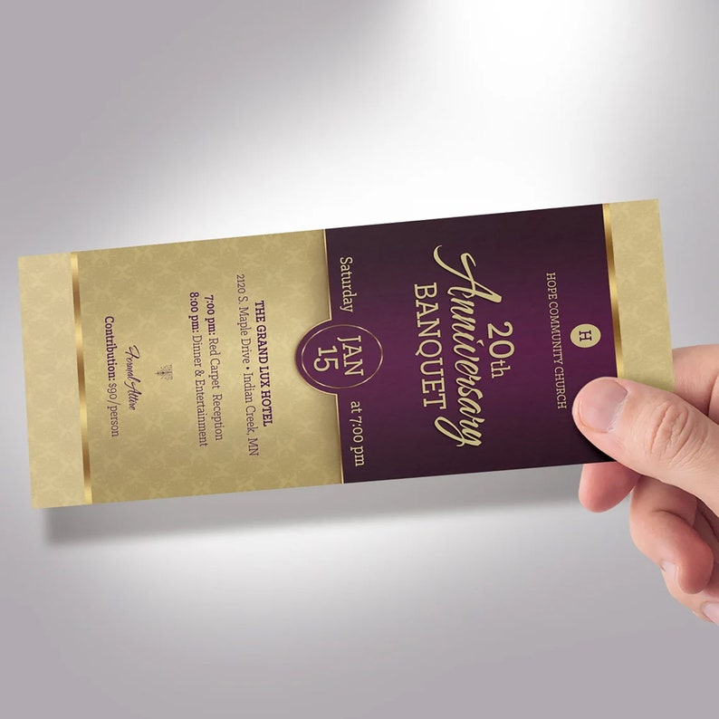 Purple Church Anniversary Banquet Ticket Template for Word and Publisher is 3×6 inches. The gold and purple colors used gives it a royal kingly theme that is attractive and elegant. This Banquet ticket or events ticket is for a church anniversary,