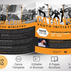 Op de afbeelding: Een gele en zwarte brochure met de tekst "Catalyst Youth Initiative" en "Help Fuel the Ministry". De brochure bevat een foto van een groep jongeren en een sprekende man. De brochure is 14 cm bij 21,5 cm en heeft 8 pagina's.