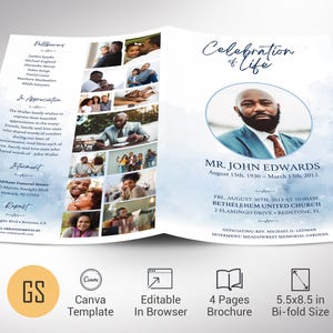 Modèle de programme de funérailles Blue Paint : nécrologie à deux volets Canva (téléchargement numérique)