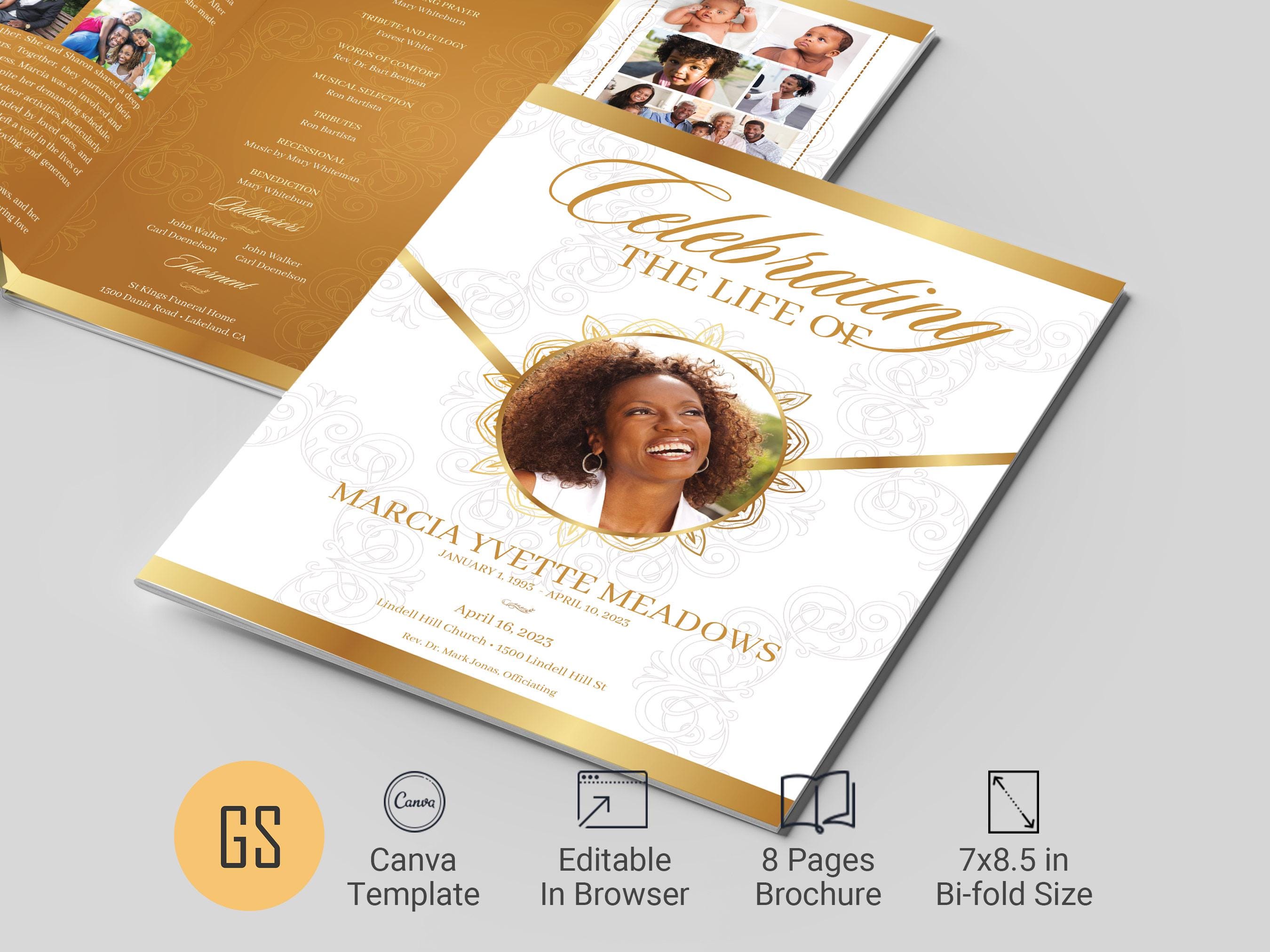 Victory White and Gold 8 Page Funeral Program Template: Canva