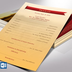May include: A church program for a Sunday service on September 15, 2019. The program lists the order of service, including the guest speaker, Rev. Dr. Adam Pope, Pastor. The program is printed on a yellow background with a red ribbon at the top.