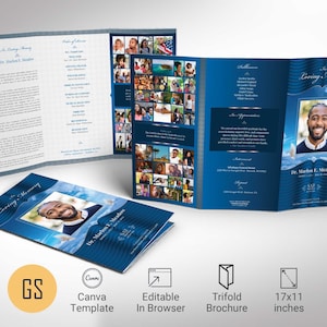 Blue Silver Trifold Funeral Programm Canva Vorlage, Feier des Lebens, Nachruf-Design für Männer, bearbeitbare druckbare, 11 x 17 Zoll-Vorlage