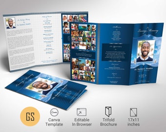 Blue Silver Trifold Funeral Program Template, Tabloid Canva Template | Celebration of Life, Obituary Program | 11x17 in