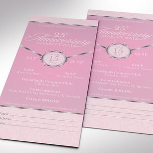 Pink Silver Anniversary Gala Ticket Template for Canva has 4 Sizes, 2x5.5, 2x6, 3x7, and 3.5 x 8.5 inches. It features a pink background with silver decals. The banquet ticket template is for any anniversary fundraiser event that has an elegant theme