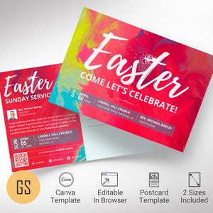 May include: Two Easter-themed postcards with a vibrant, abstract background in shades of red, pink, and blue. The word "Easter" is prominently displayed in white, along with the text "Come Let's Celebrate!" and details about a Sunday service.