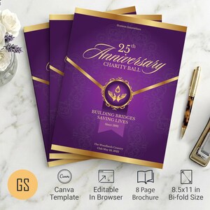 Purple & Gold Anniversary Program Template | Canva: 8-Page Gala Booklet (8.5x11) Digital Download