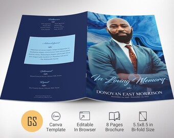 Blue Marble Funeral Program Template 2, Canva Template, Celebration of Life, Obituary Program, 8 Pages, 5.5x8.5 in