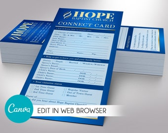 Blue Church Connect Card Template, Canva Template | Church Welcome Card, New Here Guest | 2 Sides | Cut Size 4x9 inches