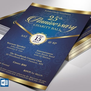 Modèles de Flyer de gala anniversaire or bleu, Word et éditeur, pasteur ou événement religieux, 5,5 x 8,5 po., modifiables, imprimables, téléchargement immédiat