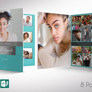 Remember Silver Teal Funeral Program Word and Publisher Large Template - 8 Pages, Print Size 17x11 inches, bifold to 8.5x11 inches is designed for memorial or funeral services.