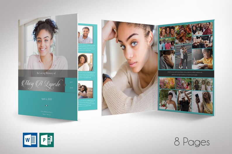 Remember Silver Teal Funeral Program Word and Publisher Large Template - 8 Pages, Print Size 17x11 inches, bifold to 8.5x11 inches is designed for memorial or funeral services.