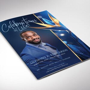 May include: A blue and gold funeral program with a photo of a man in a suit. The program includes the name Anthony E. Edwards, dates of birth and death, and details of the funeral service.