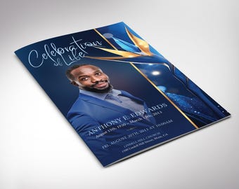 May include: A blue and gold funeral program with a photo of a man in a suit. The program includes the name Anthony E. Edwards, dates of birth and death, and details of the funeral service.