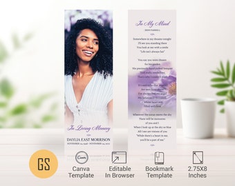Lavender Love Funeral Bookmark Template, for Canva, Celebration of Life, Memorial Favor for Women, In Loving Memory, Burial Gift | 2.75x8 in