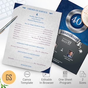 Plantilla de programa de aniversario de la iglesia para Canva, azul real plateado, boletín de una hoja para agradecimiento al pastor, gala y banquete, editable en 2 tamaños