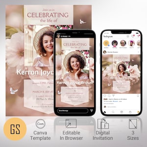 Modèle numérique d'invitation pour les funérailles, toile, fleurs de cerisier, célébration de la vie, faire-part numérique, flyer d'annonce pour téléphone, invitation pour femme