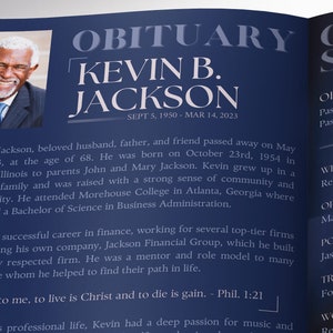 Blue Dawn Funeral Program Template, Canva Template, Magazine Style, Celebration of Life, Navy Blue, 4 Page, 5.5x8.5 in image 10