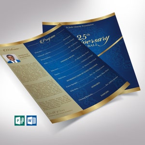Plantilla de programa de gala de aniversario de oro azul, Word y Publisher, evento de la iglesia, agradecimiento al pastor, 8,5 x 11 pulgadas, editable, descarga instantánea