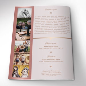 Rose Gold Funeral Program Template Word Template, Publisher Celebration of Life 4 Pages Bifold to 5.5x8.5 inches image 4