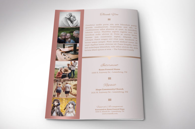 Rose Gold Funeral Program Template Word Template, Publisher Celebration of Life 4 Pages Bifold to 5.5x8.5 inches image 4
