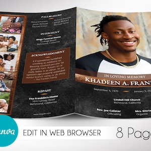 Brown Copper Funeral Program Template: 8-Page Obituary (Canva Editable)