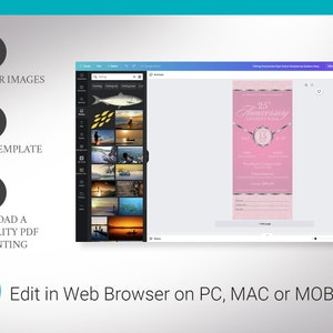 Pink Silver Anniversary Gala Ticket Template for Canva has 4 Sizes, 2x5.5, 2x6, 3x7, and 3.5 x 8.5 inches. It features a pink background with silver decals. The banquet ticket template is for any anniversary fundraiser event that has an elegant theme