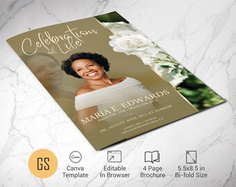 White Rose Funeral Program Template | Canva: 4 Page Bifold Memorial Obituary (5.5x8.5) Digital Download
