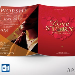 Peut inclure: Brochure rouge et orange. Le côté gauche présente du texte sur un événement de concert, une prière et des funérailles. Le côté droit affiche le titre "Love Story" avec un motif de cœur. La brochure compte 8 pages.