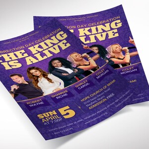 K&ouml;nnte beinhalten: Ein lilafarbener Flyer mit goldener Schrift, der eine Auferstehungstag-Feier mit dem Titel "The King Is Alive" ank&uuml;ndigt und eine Reihe von K&uuml;nstlern wie Robert Wayne, Shannae Richie, Shirley Cargil und Colet Morgan pr&auml;sentiert. Die Veranstaltung findet am Sonntag, den 5. April um 19:00 Uhr in der Hope Church of Miami statt. Der Eintritt ist frei.