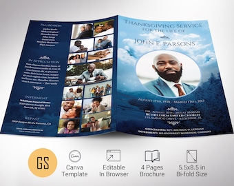 Blue Sky Bifold Funeral Program Template, Canva Template, Celebration of Life, In Loving Memory, 4 Pages | 5.5x8.5 in
