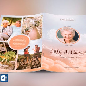 Heaven Funeral Program Word Publisher Template, 4 Pages, is for showcasing many images of your loved one. Use 9-10 images of family members and the hobbies and favorite places that bring back memories in this keepsake funeral program.