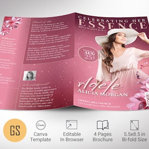 Plantilla de programa de funeral rosa para Canva, Floral Essence Pink, entierro de 4 páginas, estilo revista, celebración de la vida, obituario de mujeres, 5,5 x 8,5"