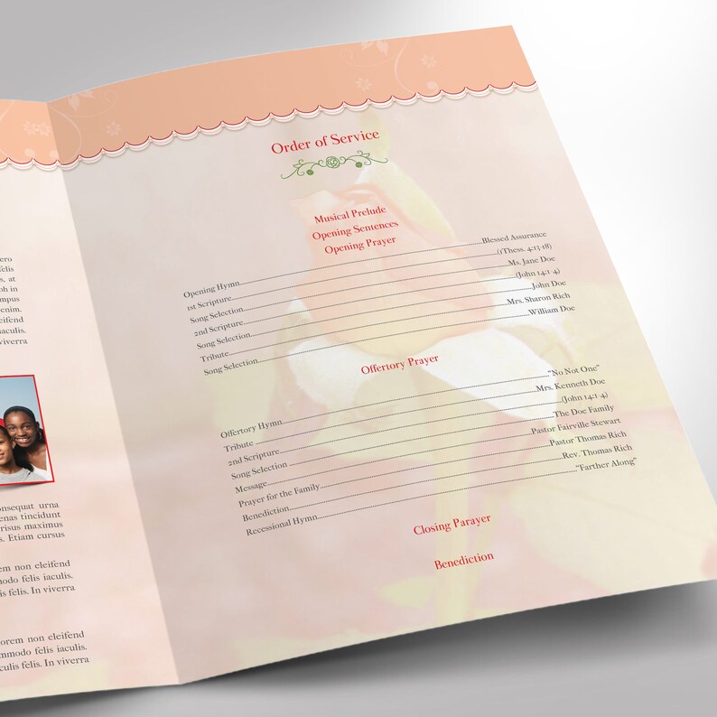 Orange Red Rose Tabloid Funeral Program Template, Word Template, Publisher, Celebration of Life, 4 Pages, 11x17 inches image 7