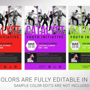 3 Color change samples. Colors can be changed easily on Canva. Catalyst Youth Flyer Template for Canva has 2 Print Sizes (4x6 and 5.5x8.5 inches). The youth summit flyer is designed with bold orange colors and geometric shapes.