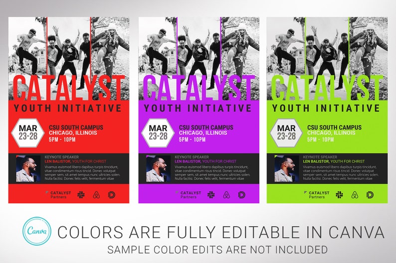 3 Color change samples. Colors can be changed easily on Canva. Catalyst Youth Flyer Template for Canva has 2 Print Sizes (4x6 and 5.5x8.5 inches). The youth summit flyer is designed with bold orange colors and geometric shapes.