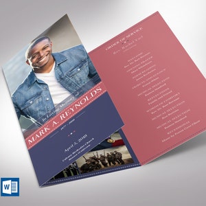 Conjunto de plantillas para programa funerario tríptico militar estadounidense, Word y editor - V4, celebración de la vida, plantilla de obituario para hombres, 11 x 8,5 pulgadas