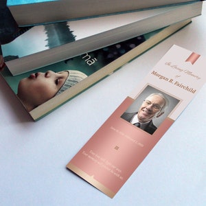 Rose Gold Funeral Bookmark Template for Word and Publisher is Size 2.75x8 inches. The design features Rose Gold colors with beautiful typography. A Celebration of Life Keepsake for memorial or funeral services.