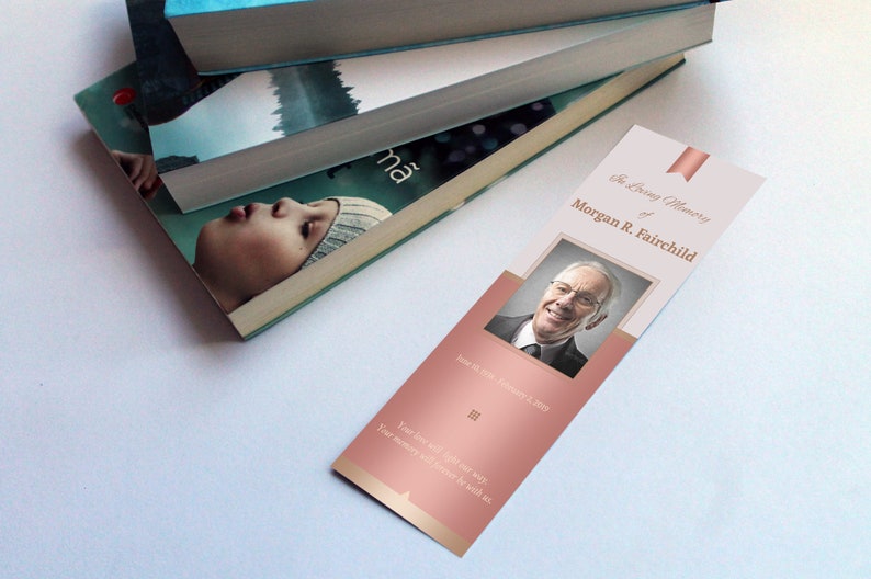 Rose Gold Funeral Bookmark Template for Word and Publisher is Size 2.75x8 inches. The design features Rose Gold colors with beautiful typography. A Celebration of Life Keepsake for memorial or funeral services.