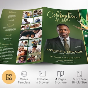 Plantilla de programa funerario ecológico para Canva, 4 páginas, verde paraíso y dorado, celebración de la vida, obituario para hombres, tamaño carta de EE. UU., plegable, 5,5 x 8,5"