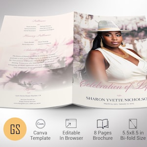 Plantilla de Canva para programa funerario "Amor Púrpura", color morado pastel, celebración de la vida, obituario imprimible para mujeres, plegable de 8 páginas, 5.5 x 8.5 pulgadas