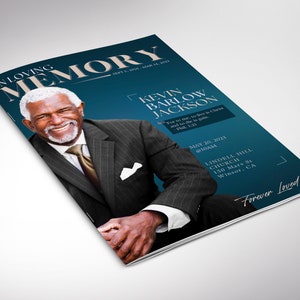 May include: A blue and white memorial program with a photo of a man in a suit. The text reads "In Loving Memory Kevin Barlow Jackson" and includes the date of his birth and death, as well as the date and time of his memorial service. The program also includes the quote "For to me, to live is Christ and to die is gain." Phil. 1:21.
