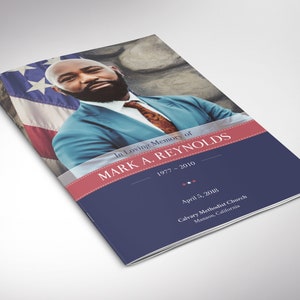Front Cover - American Military Funeral Program Canva Template - V4. is 11x8.5 inches and bifold to 5.5x8.5 inches. This meticulously crafted 8-page bi-fold program pays tribute to those who have served our nation
